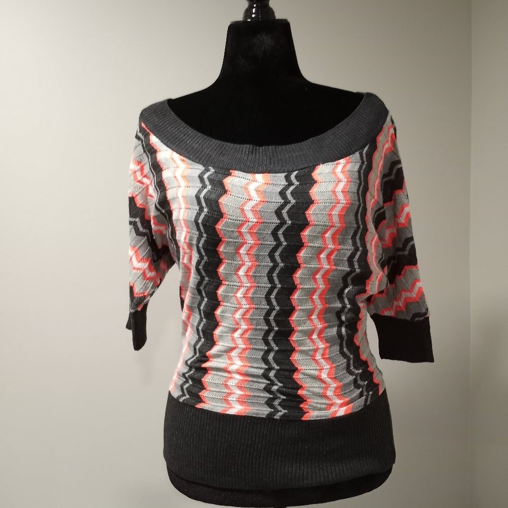 POOF BROWN|GREY STRIPED GEOMETRIC SHORT SLEEVE KNIT TOP WOMEN SIZE M